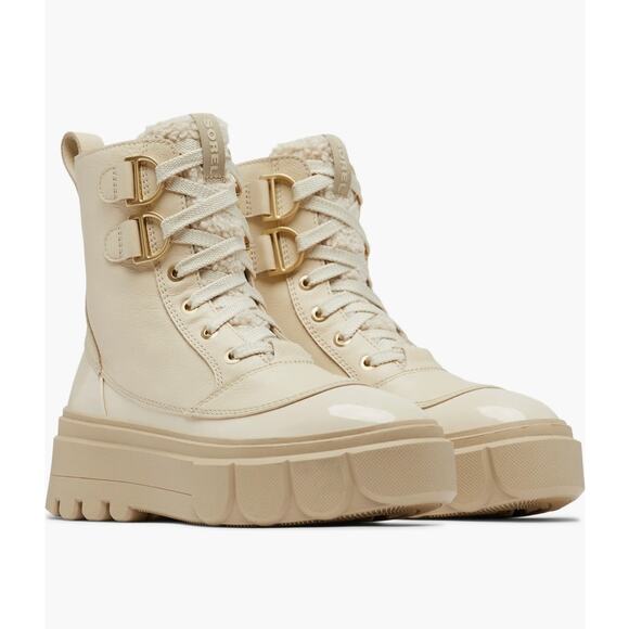 Sorel Combat Boots Womens Size 8 Taupe Patent Laces Sherpa Gorpecore Waterproof - Picture 1 of 10
